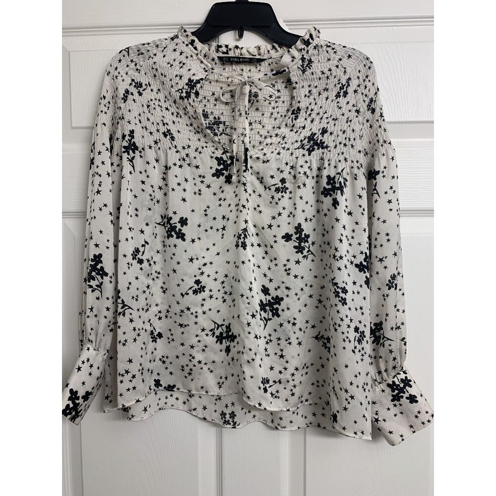 Zara Basic Flowers‎ & Stars Long Sleeve Blouse Size S